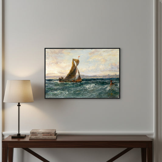 Framed print of A View of Dublin Bay by Edwin Hayes in black gallery frame, hanging above a walnut console table in a refined Dublin townhouse; soft grey wall, linen lamp, and vintage travel books.