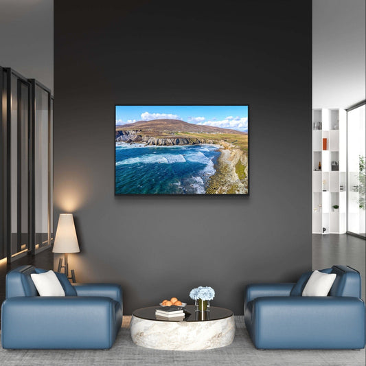Framed print of Achill Island and the Wild Atlantic Way, showcasing rugged cliffs, the vast Atlantic Ocean, and rich, intricate colors. Perfect for adding the untamed beauty and unique charm of the Irish west coast to any space. Ideal for art lovers and coastal enthusiasts.