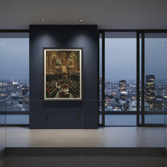 Black-framed print of The Ratification of the Irish Treaty, hung on a bold feature wall in a modern art-collectors penthouse, concrete floor, glass balustrade rail in foreground, dusk city lights visible through sliding doors, luxury ambience, ultra-realistic render.