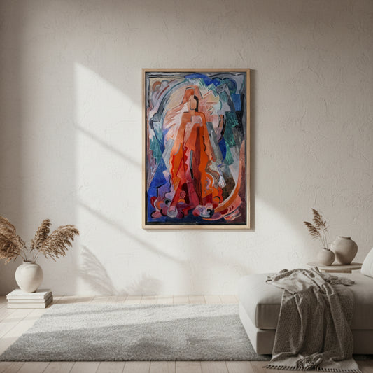 I Have Trodden the Winepress Alone by Irish Artist Mainie Jellett Art Print, framed print in natural oak frame hanging on light plaster-textured wall,
soft overcast natural lighting, warm minimalist interior styling,
high-end Scandinavian aesthetic, 4K photographic realism