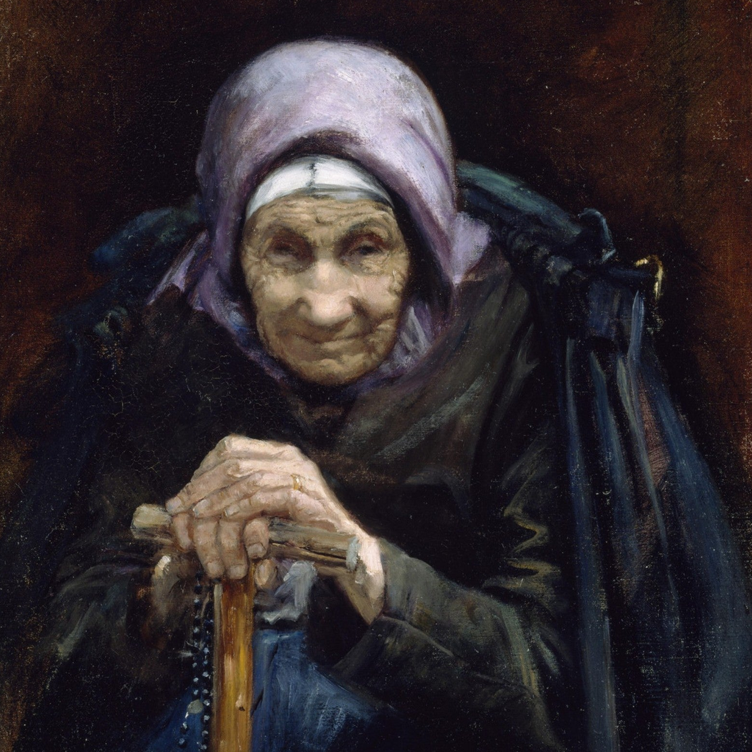 Portrait of an elderly woman known as The Fisherman’s Mother, painted by Irish artist Helen Mabel Trevor with quiet realism and subdued tones