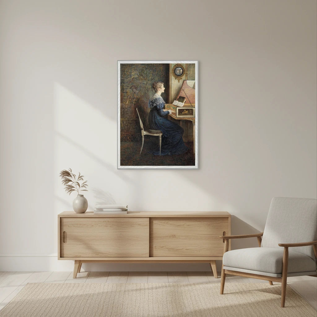 White-framed reproduction of “An Old Song” hung on an ivory wall above a mid-century sideboard; soft daylight, neutral palette, minimalist décor conveying calm and cultural depth.