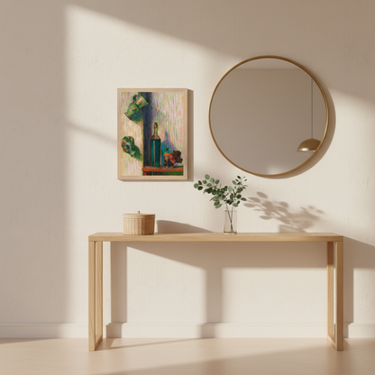 A minimalist hallway styled with neutral tones, a slim console table, round mirror, woven basket, and fresh greenery. The modernist art print hangs above the console. Clean, warm, inviting décor for women who appreciate simple but curated design.
