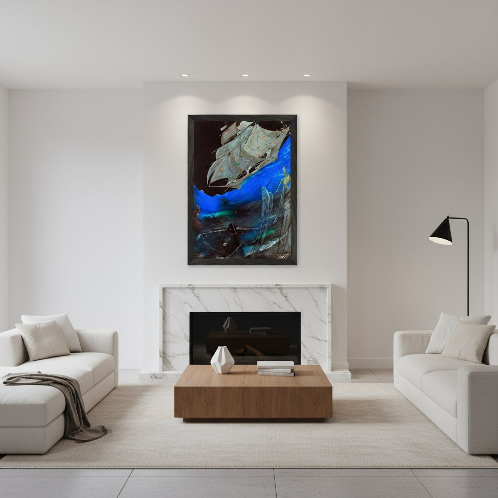 Victorian-style study room with emerald green walls, antique globe, ink bottles and the framed Harry Clarke Poe artwork on paneled wall.