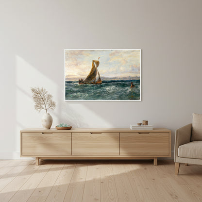 White-framed print of A View of Dublin Bay above a modern sideboard with ceramic vase and sea-glass decor; minimalist Irish coastal home interior with pale neutral tones