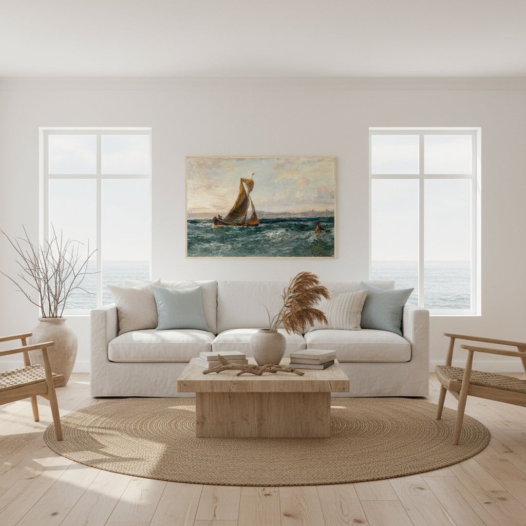 Natural oak frame version of A View of Dublin Bay displayed in a coastal-style living room with whitewashed walls, jute rug, and driftwood accents; sunlight streaming through seaside windows