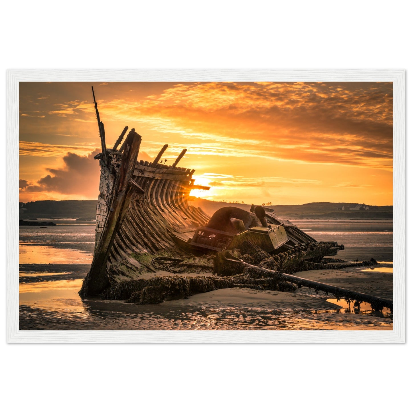 Fine art print captures sunset shipwreck at Bunbeg, Co. Donegal on Wild Atlantic Way. Rich cultural scene in Irish-speaking Gaoth Dobhair