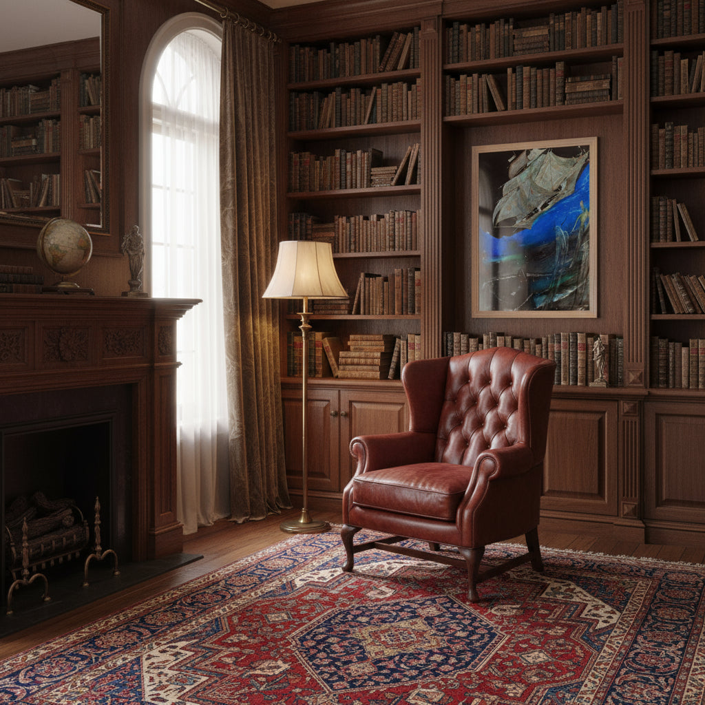 Collector’s Edition Harry Clarke artwork in natural wood frame, styled in a private home library, mahogany shelves filled with antique books, Persian rug, soft lamp glow, gothic academia aesthetic.