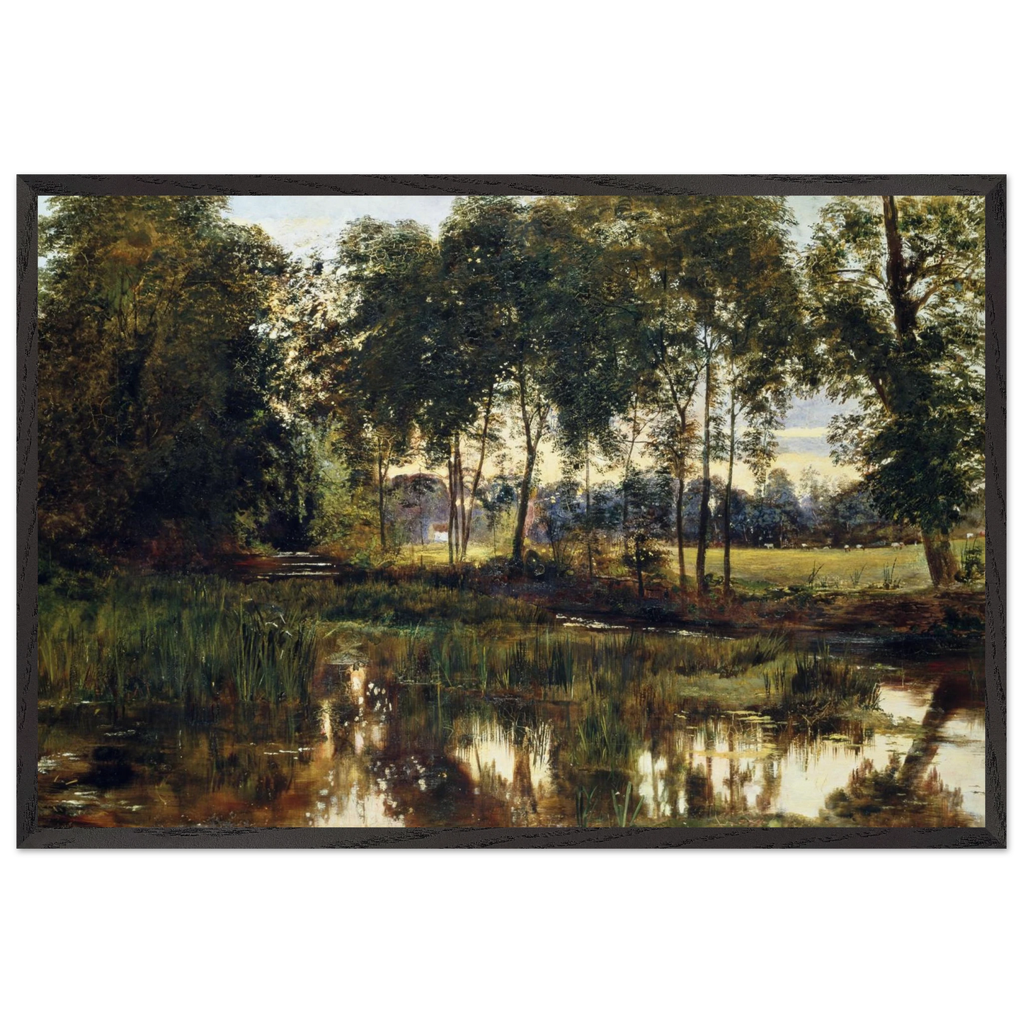 A View of Rye Water near Leixlip by William Davis, framed Irish landscape print in black frame, heritage wall art.