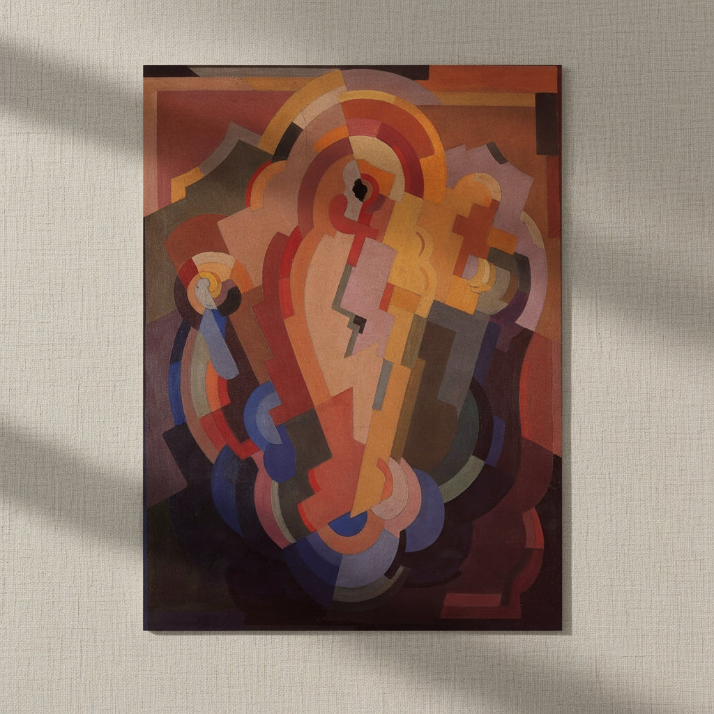 Abstract Composition (1935) – Mainie Jellett unframed archival print resting on light linen fabric. Soft natural daylight, gentle shadows, artisanal fine-art photography style.
