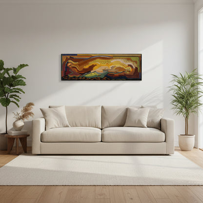 Abstract Composition – Mainie Jellett (1937–44) Large abstract canvas art print hanging above a modern beige sofa in a luxury living room, soft natural daylight, tall indoor plants, oak flooring, minimalist decor, linen textures, Scandinavian–Irish design aesthetic, clean white walls, subtle shadows, premium gallery-style presentation, photorealistic, 4K.