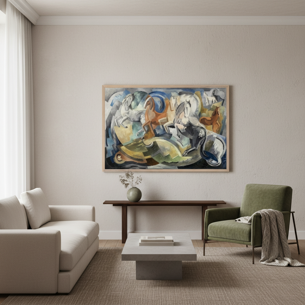 Achill Horses by Mainie Jellett framed in natural wood displayed in an elegant minimalist Irish-inspired living room with neutral tones, premium modern furniture, and soft natural lighting – museum-quality art print wall display.