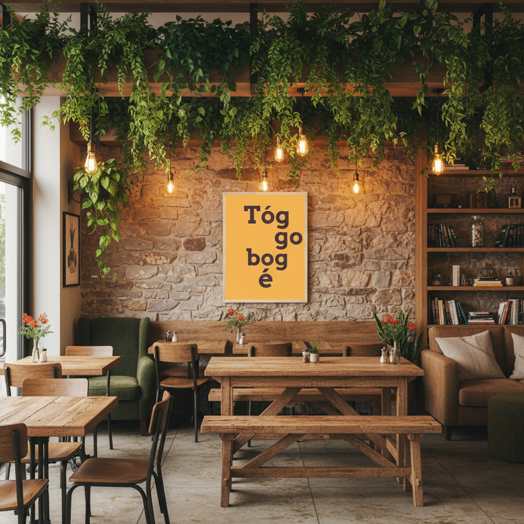 Bright yellow and brown version displayed in a stylish cafe with rustic tables, hanging plants and warm pendant lighting, giving relaxed Irish humour.