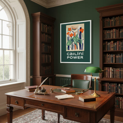 Cailíní Power framed print above a vintage writing desk in a Georgian townhouse library, dark wood shelves, brass reading lamp, deep green walls, soft natural light.