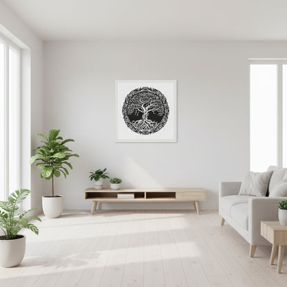 Celtic Tree of Life print in white frame hanging in airy living room with natural light, pale wooden furniture, and subtle green plants. Modern Irish home interior tone — elegant, clean, spiritual atmosphere.