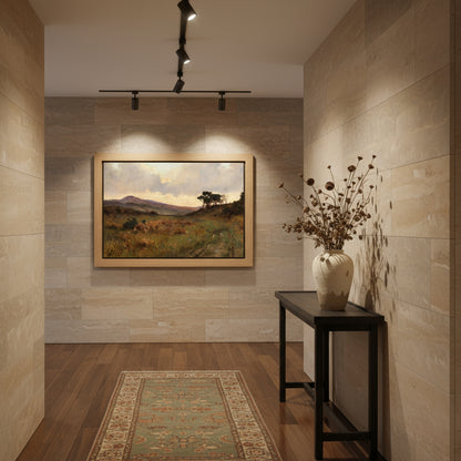 County Cork Boutique hotel corridor; stone-toned wall, museum track lighting; landscape in natural wood frame at eye level; muted runner and vase of wild grasses.