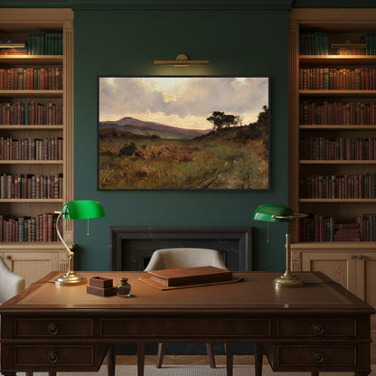 Heritage study with dark green walls and built-in oak shelves; black-framed Coghill print above writing desk with brass lamp and leather blotter.