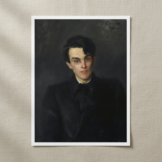 Flat-lay of Yeats print unframed on off-white linen cloth, accompanied by a sprig of eucalyptus and folded envelope for poetic lifestyle mood.