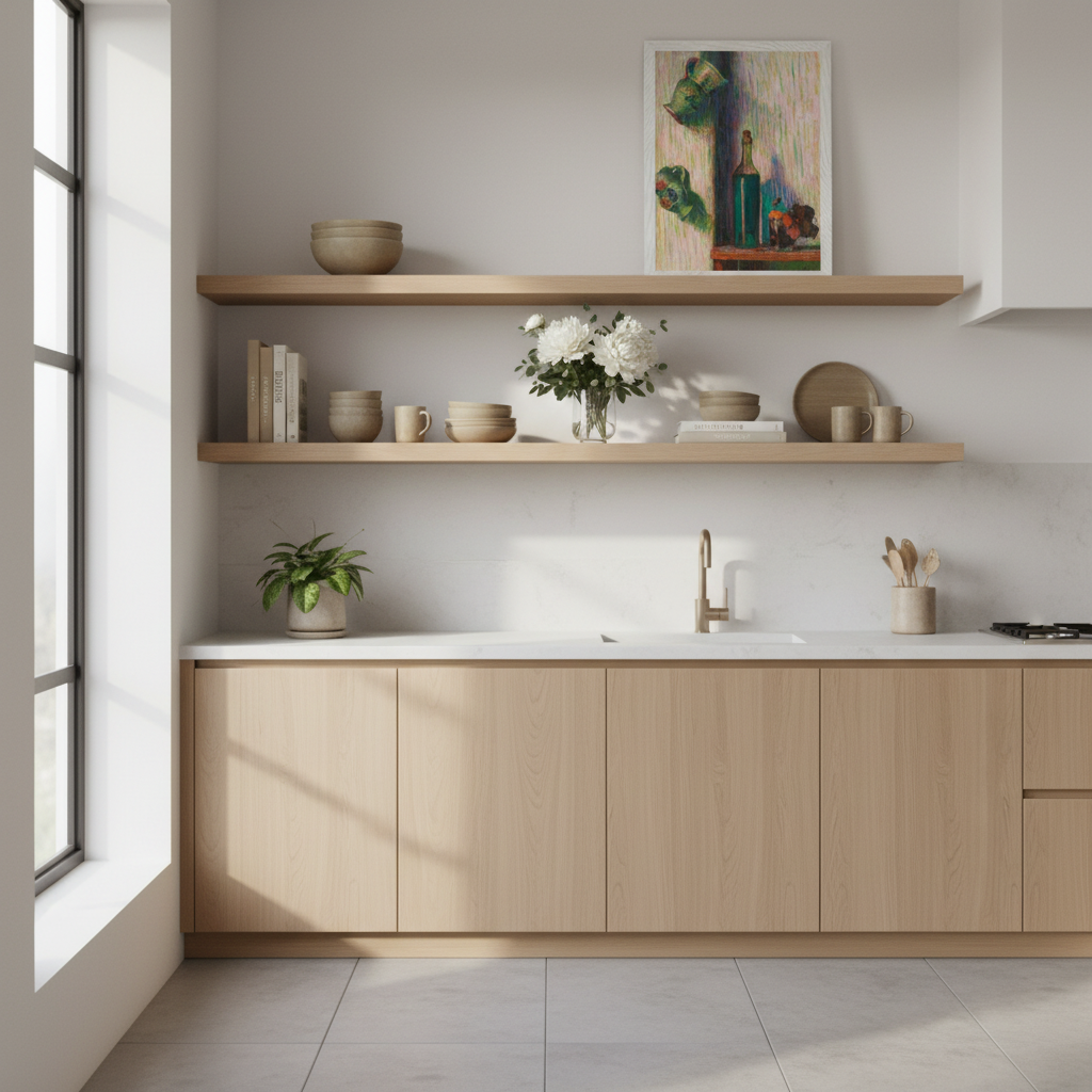 Flowers, Bottle and Two Jugs by Irish Artist Roderic O'Conor Art Print. Beautifully styled contemporary kitchen with open oak shelves, handmade ceramics, cookbooks, and a vase of fresh flowers. The art print sits framed on the shelf, adding a pop of artistic colour. Soft morning light, lifestyle photography.