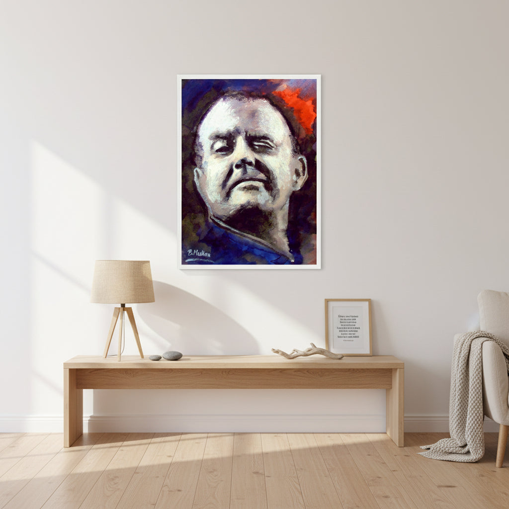 Framed Christy Moore print in white gallery frame, displayed above light oak console with linen lampshade and framed Irish lyrics, airy coastal apartment feel.