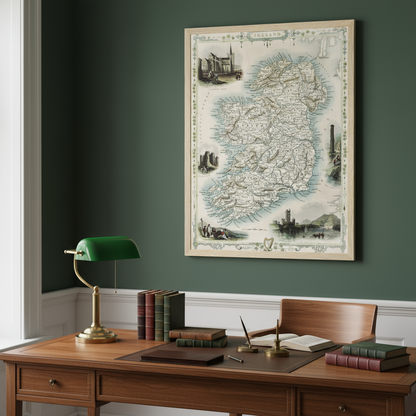 Framed Old Map of Ireland above a walnut writing desk with brass banker’s lamp, leather-bound books and deep green walls, soft window light.