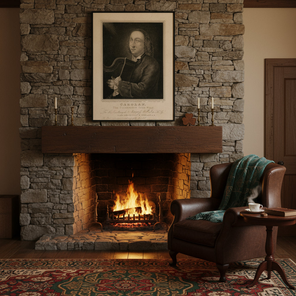 Framed Turlough O’Carolan print above stone fireplace in traditional Irish country manor with warm lighting and antique furnishings