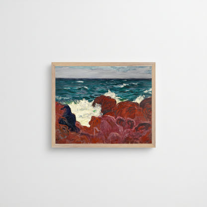 Framed print of “Red Rocks and Sea” by Roderic O’Conor on a clean white gallery wall, soft diffused lighting, oak frame, museum-style interior, high-end editorial mock-up.