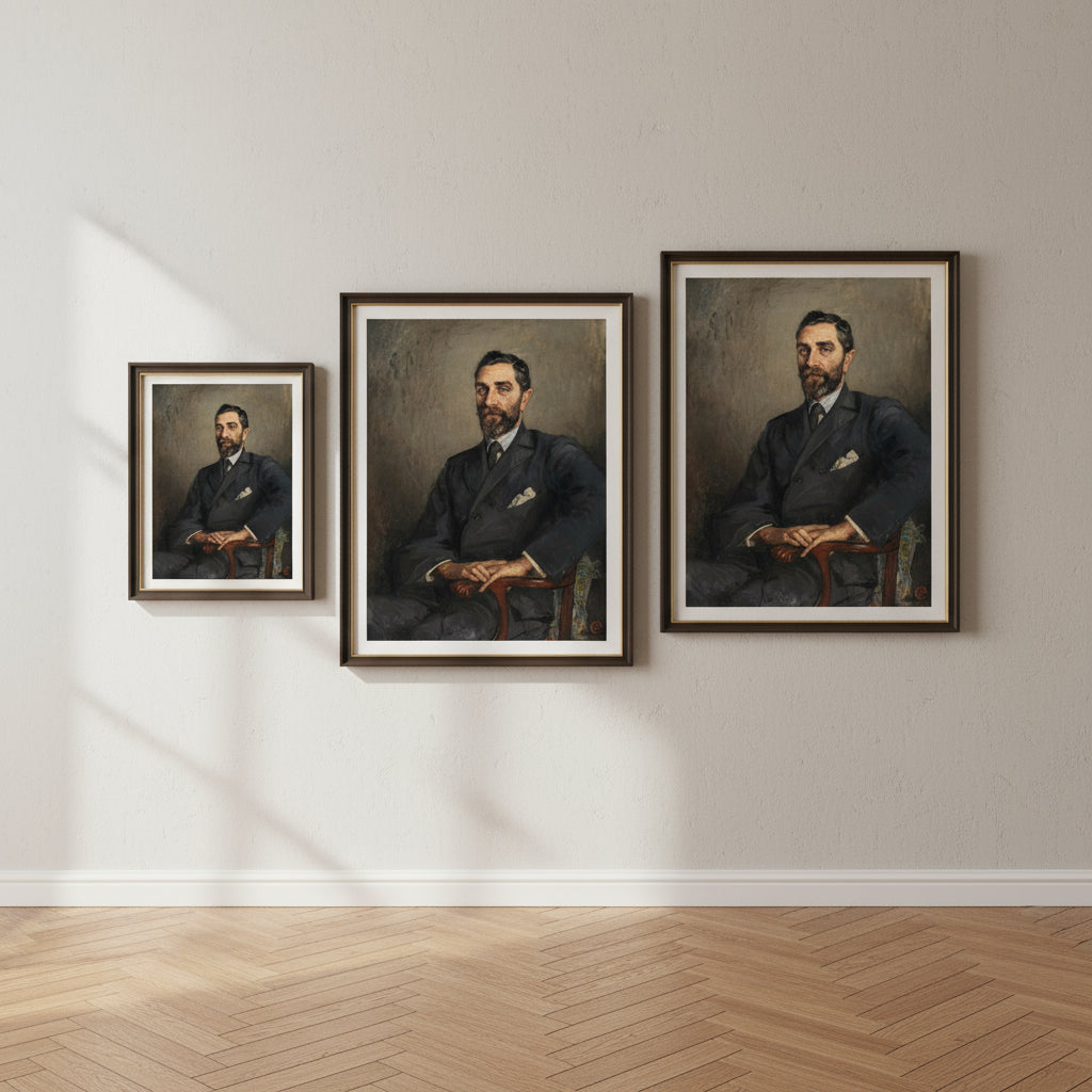 Gallery-style display: three sizes of the Roger Casement print in a softly lit studio with neutral plaster walls and oak herringbone floors.