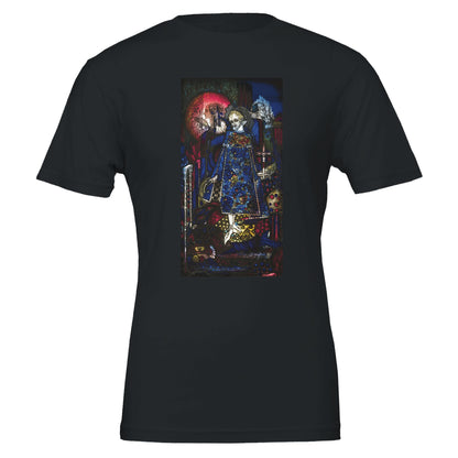 Harry Clarke Irish Art T-shirt in vintage black, Gothic Art Nouveau style, lifestyle setting.