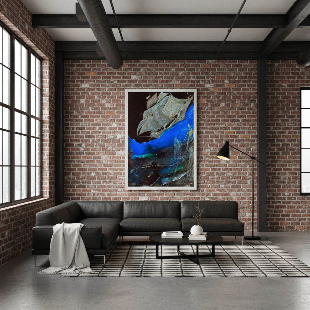 Harry Clarke print framed in white wood, styled in modern loft with exposed brick, high ceilings, large industrial windows, monochrome furniture, ambient floor lamp lighting.