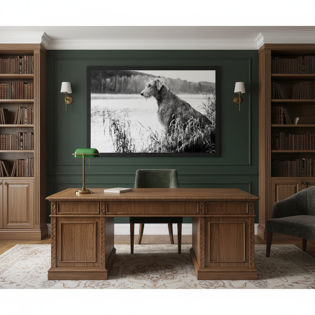 Heritage study room with dark green walls, vintage writing desk and brass lamp; Irish Wolfhound print in black frame above the desk.
