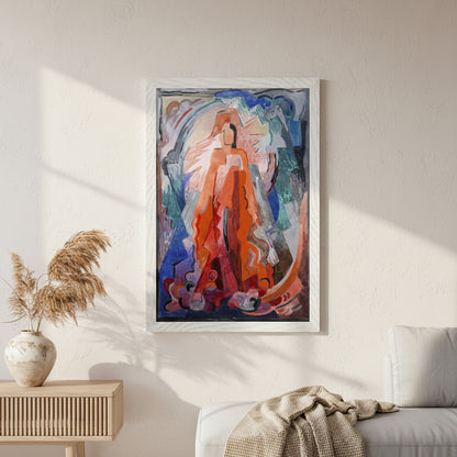 I Have Trodden the Winepress Alone by Irish Artist Mainie Jellett art print framed print in natural white frame hanging on light plaster-textured wall,
soft overcast natural lighting, warm minimalist interior styling,
high-end Scandinavian aesthetic, 4K photographic realism
