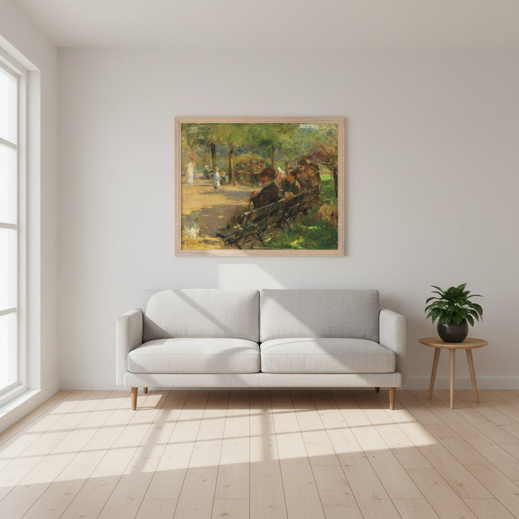 In St Stephen’s Green by Irish Artist Walter Frederick Osborne Art Print, A bright, minimalist interior styled for contemporary home décor. Clean white or soft neutral wall, natural daylight entering from the side, creating gentle shadows. On the wall: a Gallery Edition framed art print, shown in a slim modern gallery frame 

