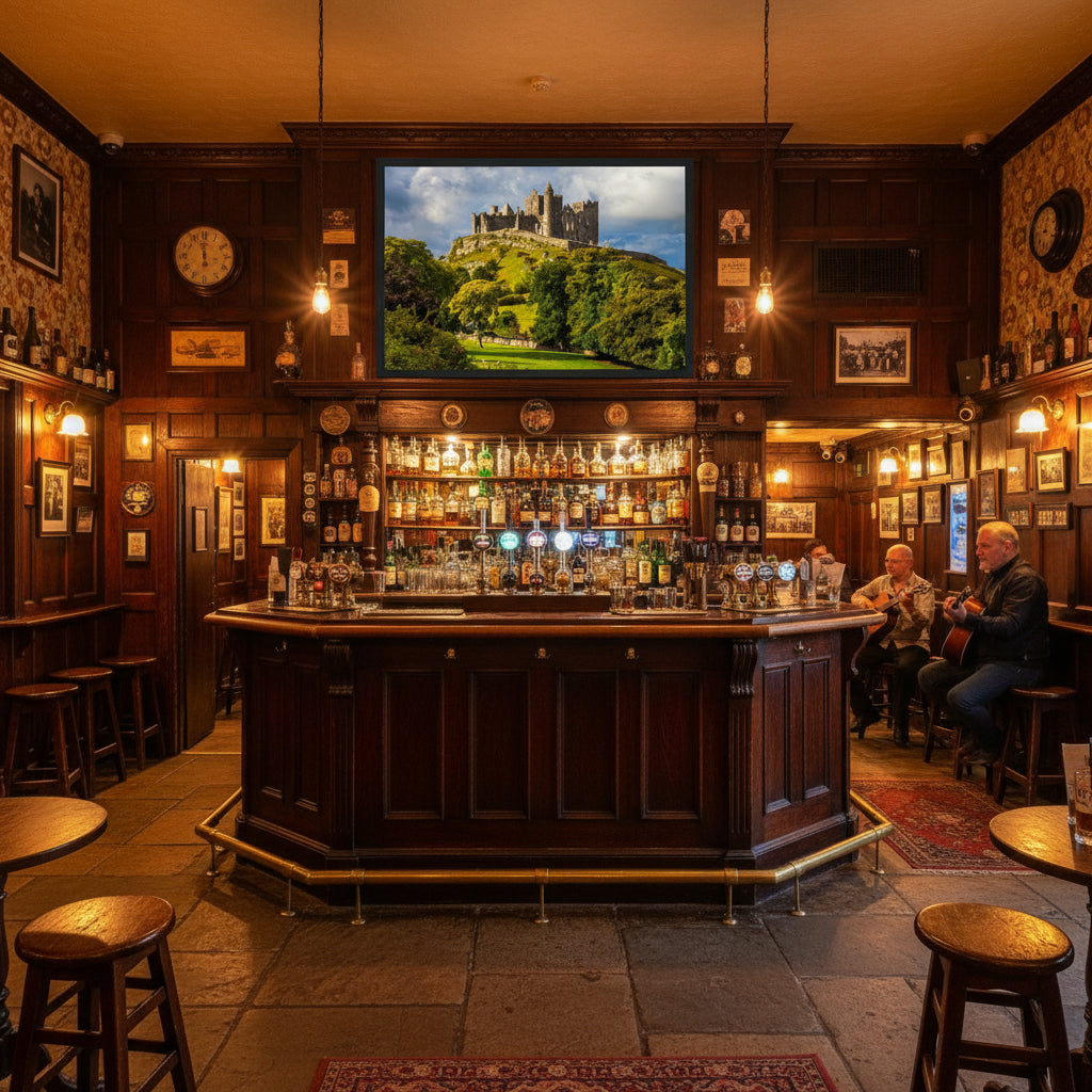 Irish pub-style interior with dark wood panelling, warm lighting, vintage whiskey bottles and the Rock of Cashel print proudly displayed above a traditional bar.