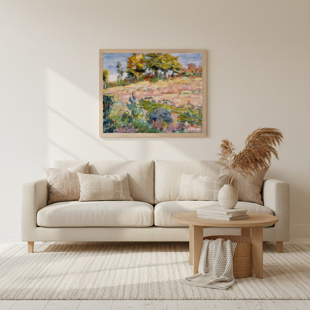 Landscape by Roderic O’Conor Art Print framed in natural wood (oak/ash) displayed above a warm, organic-modern living room setting; cream walls, woven textures, light oak furniture, soft sunlight, earthy décor, calm Scandinavian aesthetic.