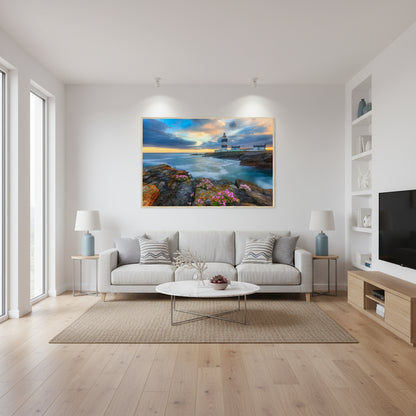 Large 60×90 cm print in a modern living room with oak floors, white walls and ocean-inspired decor; the artwork as focal point under discreet spotlights.