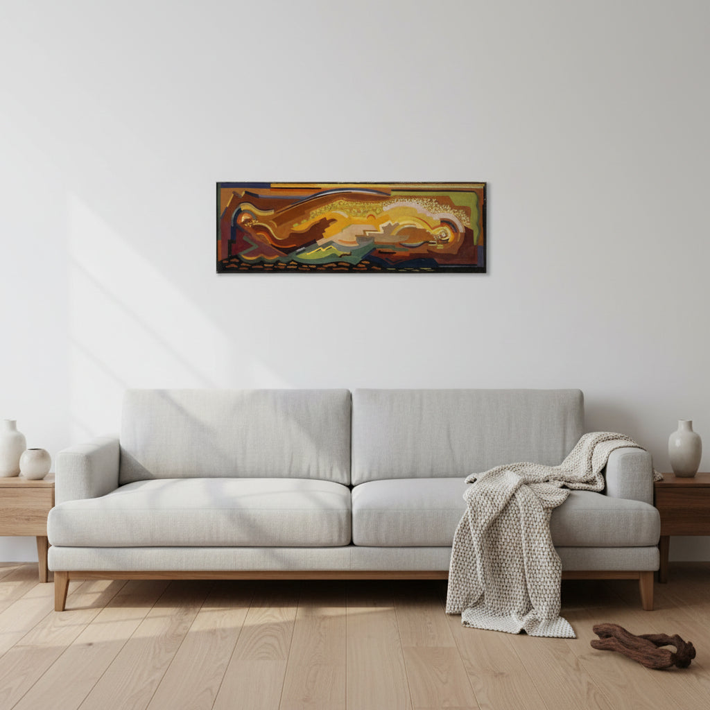 Mainie Jellett Abstract Composition canvas print hanging in a modern living room – Collector’s Edition, 30×90 cm panoramic artwork