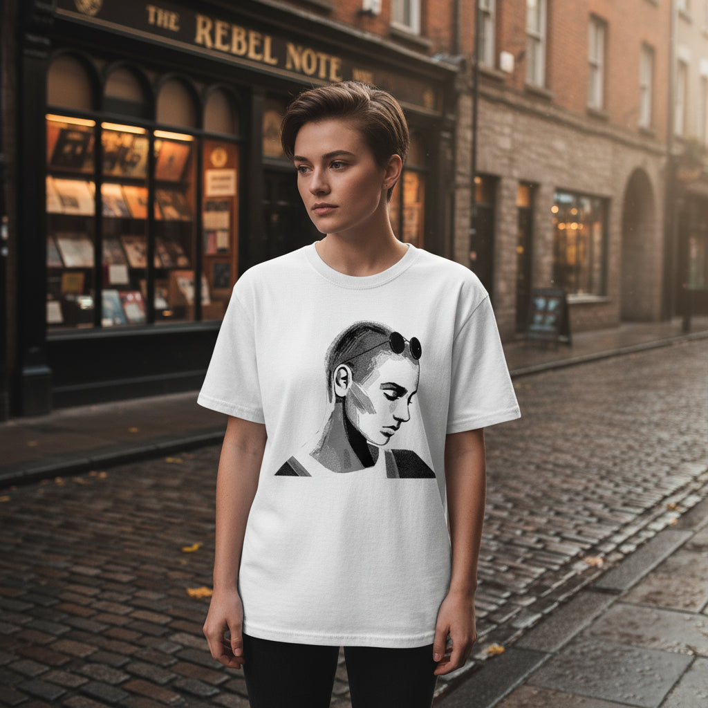 Model wearing Sinead O’Connor Irish music tribute T-shirt on a Dublin street with vintage record shop in background. Warm evening light, cultural tone.