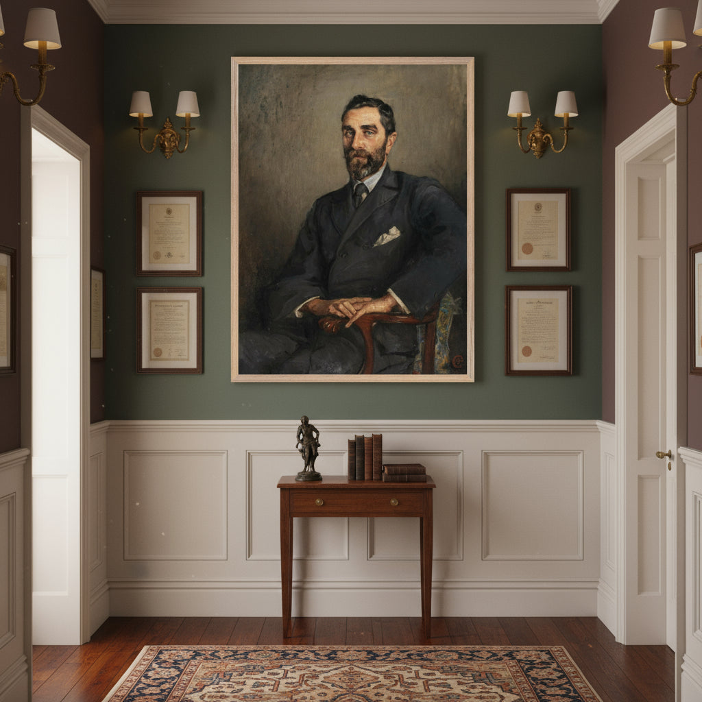 Natural wood frame version hung in a heritage-style hallway with panelled walls, warm lighting and framed historical documents.
