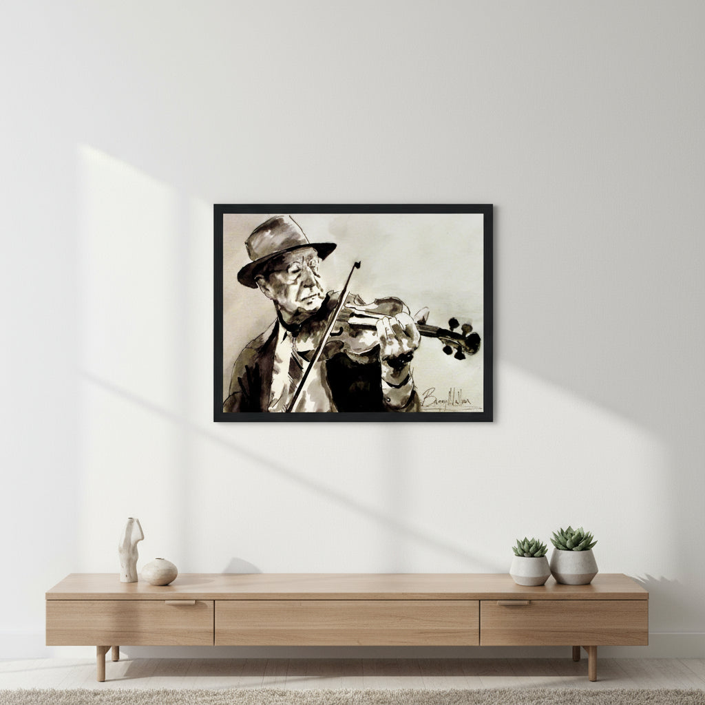 Old Irish Fiddle Player Print by lrish artist Ó Maoláin. Traditional Music Print capturing Celtic folk. Ideal decor and gifts for violin enthusiasts. Buy Irish wall art to celebrate Ireland's rich heritage.gallery edition art of an Irish fiddle player illustration, thin black gallery frame, matte paper texture, soft daylight, minimalist wall, clean contemporary interior, subtle shadows, mid-range lifestyle settining