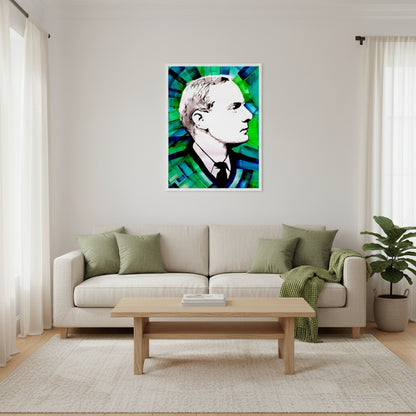Patrick Pearse framed print in bright modern living room with light wood furniture, green accents and Irish linen textures.