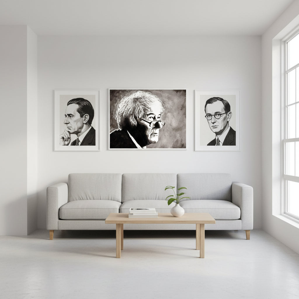 Immerse your space in the poetic brilliance of Seamus Heaney with our framed fine art print. This carefully crafted portrait print pays homage to the lyrical genius of the beloved Irish poet. White-framed version in a bright contemporary apartment, paired with framed prints of W.B. Yeats and James Joyce. Clean white walls and neutral decor emphasize literary sophistication and Irish cultural pride.