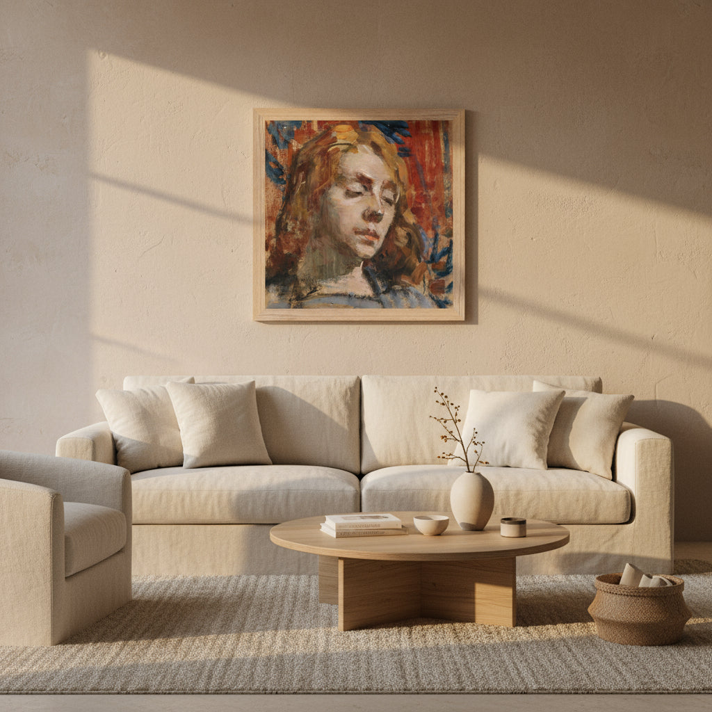 Portrait of Kathleen Behan Mother of all Behan's by Irish Artist Sarah Henrietta Purser Art Print Natural oak wooden frame in a warm modern living room, textured plaster wall, linen furniture, soft sunset lighting, elegant minimalist décor, extremely realistic.
