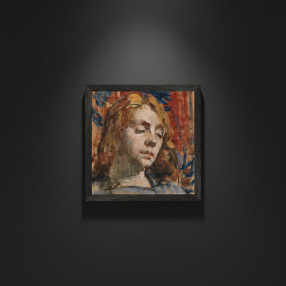 Black wooden frame on a dimly lit European museum wall, deep charcoal background, soft spotlight on artwork, cinematic shadows, ultra-realistic fine art photography.


