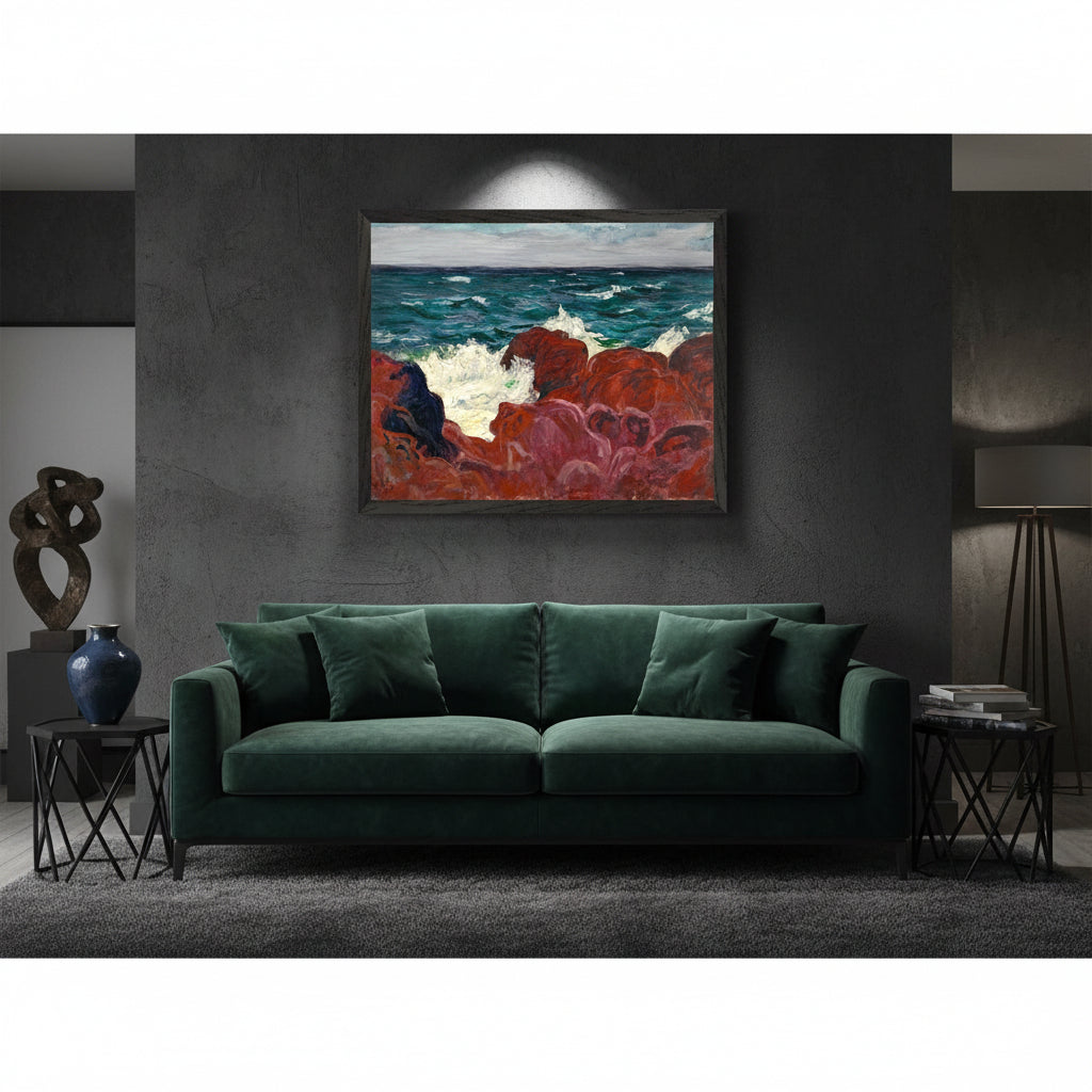 Red Rocks and Sea by Roderic O’Conor – Collector’s Edition Irish Art Print Dark charcoal wall, spotlight on the artwork, dramatic shadow falloff, black frame, luxury interior styling, rich textures like velvet and matte black metal.