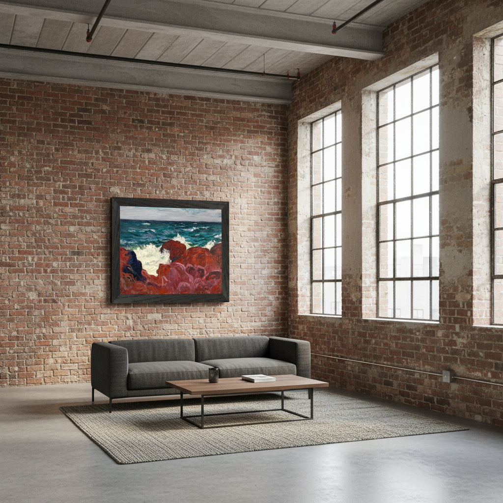 High ceilings, industrial loft interior, exposed brick wall, steel window frames, framed O’Conor print as bold colour focal point, editorial composition.
