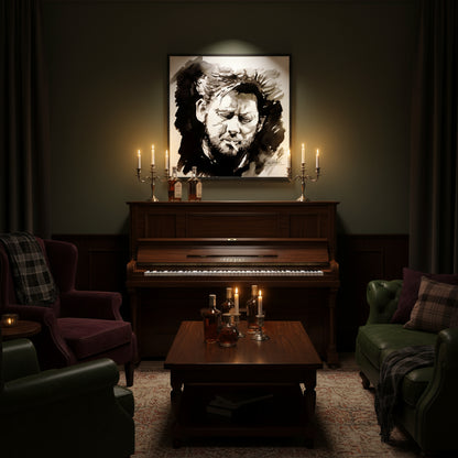 Shane MacGowan portrait in black wood frame above piano in dark-toned living room, soft spotlight and candlelight evoking Irish pub warmth and music heritage.