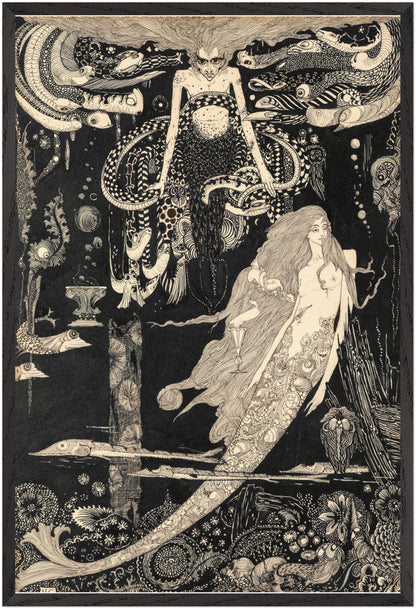 The Little Sea Maid by Harry Clarke, vertical 60×90 cm art print in a black gallery frame, detailed Art Nouveau black-and-white artwork.