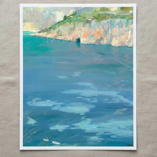 The Little White Boats, Cap Ferrat by Sir John Lavery – 40x50 cm Collector’s Edition museum-quality unframed seascape print, expansive blue water with distant white boats and rocky headland

