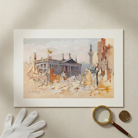 The Ruins of O’Connell Street, 1916 by Edmond Delrenne, museum-quality unframed art print showing the rubble and ruins of Dublin after the Easter Rising, Unframed fine-art print laid flat on a linen-covered archival table with cotton gloves, a wax seal, and magnifying glass beside it. Warm overhead lighting shows the matte texture of the 250gsm museum paper.